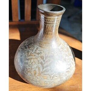 Vintage bronze Color metal vase w/ flowers made in India Use W/ DRY FLOWERS ONLY